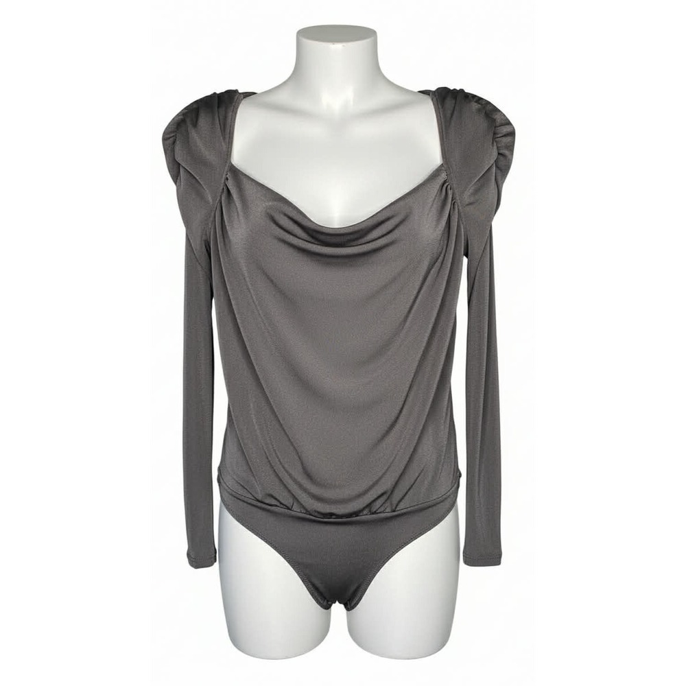 Free People Silver Long Puff Sleeve Bodysuit with Draped Neckline Sz XS shaping